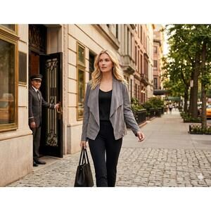 Max Studio Drape Front Jacket Gray Faux Suede Size M Excellent!